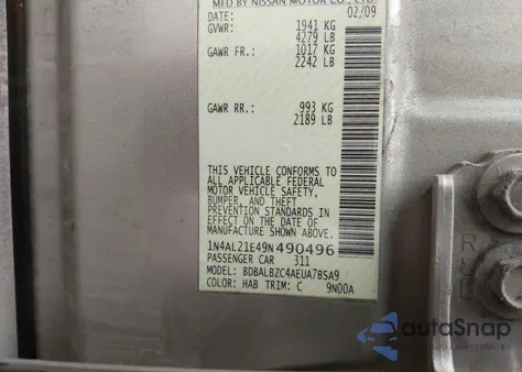 2009 Nissan Altima 2.5 S z USA, uszkodzony, nr VIN 1N4AL21E49N490496